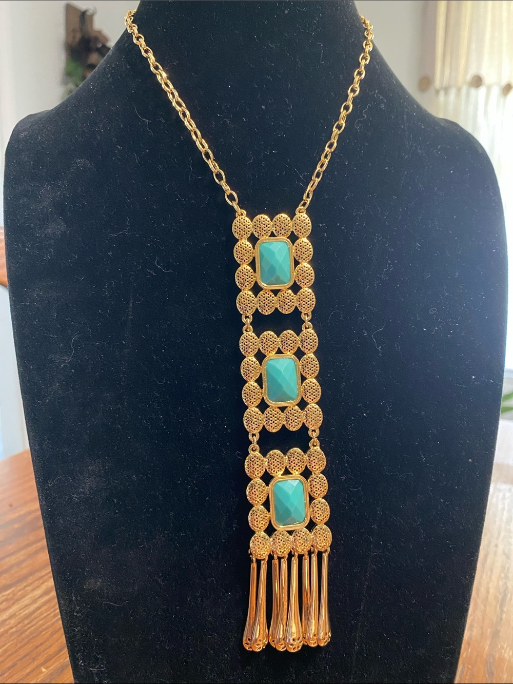 Joan Rivers Gold-Tone Necklace with Turquoise Stones and Tassel Drops